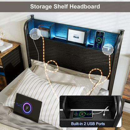 LED Bed Frame with Storage Shelf Headboard & Charging Station with Strong Steel Slats No Box Spring