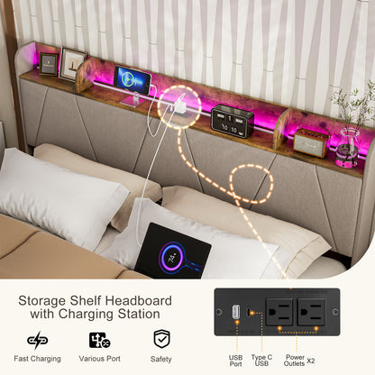 LED Bed Frame with Charging Station & Storage Shelf Upholstered Headboard,No Box Spring Needed