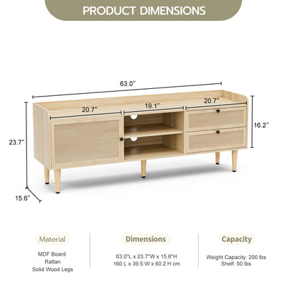 Rattan TV Stand 75 Inch TV with 2 Natural Rattan Drawers