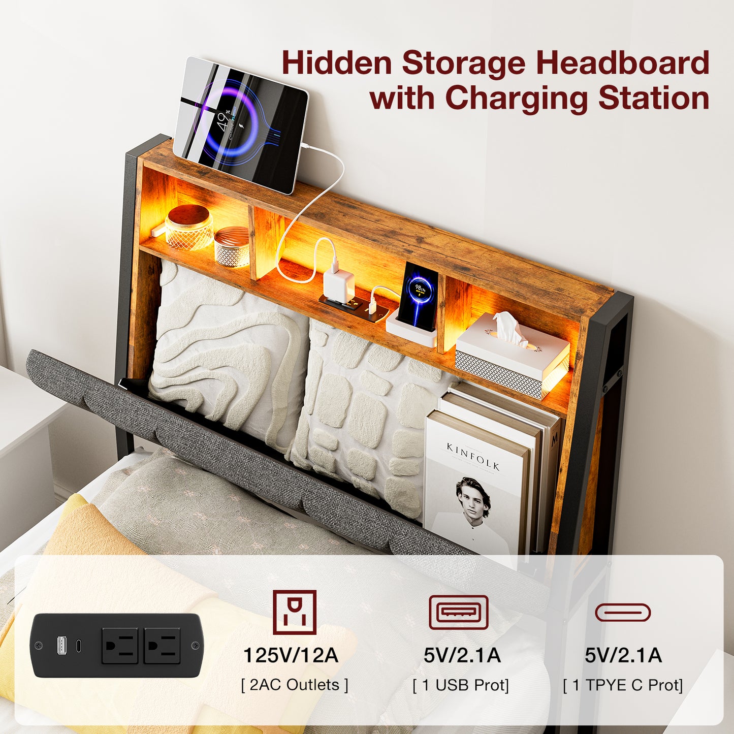 Headboard with Charging Station, LED Lights and Hidden Storage