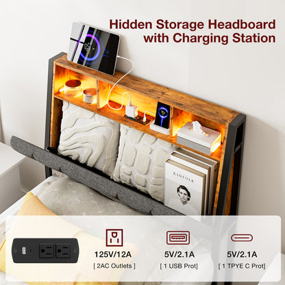 Headboard with Charging Station, LED Lights and Hidden Storage