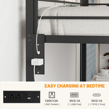 Bunk Beds with 2 Storage Drawers, Metal Full Size Bunk Bed with LED Lights and Charging Station, Safety Guardrail