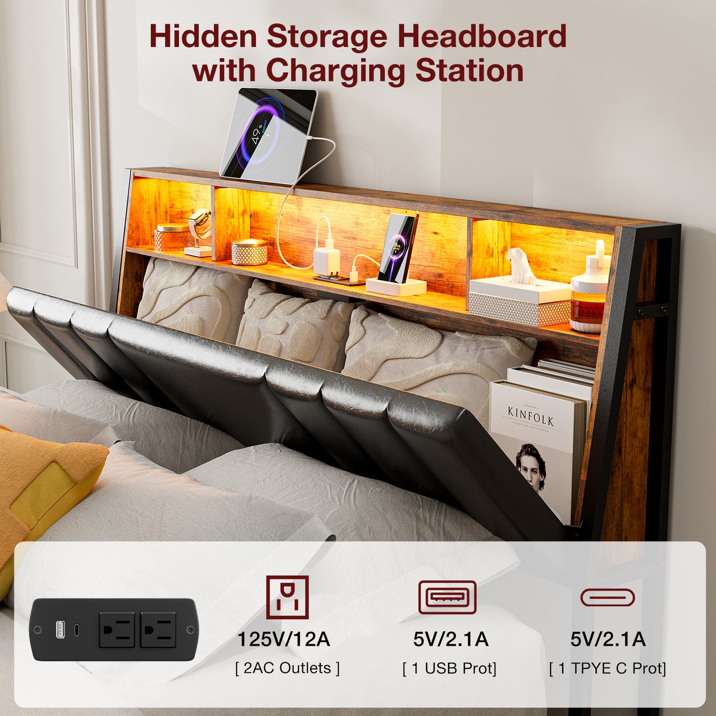 Headboard with Charging Station, LED Lights and Hidden Storage