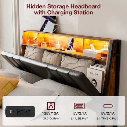 Headboard with Charging Station, LED Lights and Hidden Storage