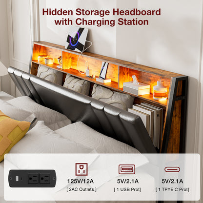 LED Bed Frames with Storage Drawers, Storage Upholstered headboard with Charging Station
