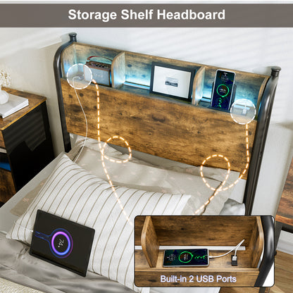 LED Bed Frame with Storage Shelf Headboard & Charging Station with Strong Steel Slats No Box Spring