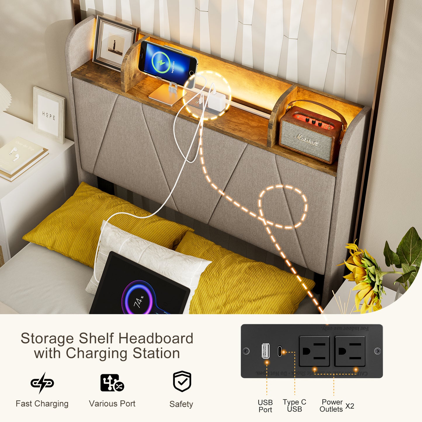 LED Bed Frame with Charging Station & Storage Shelf Upholstered Headboard,No Box Spring Needed