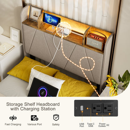 LED Bed Frame with Charging Station & Storage Shelf Upholstered Headboard,No Box Spring Needed