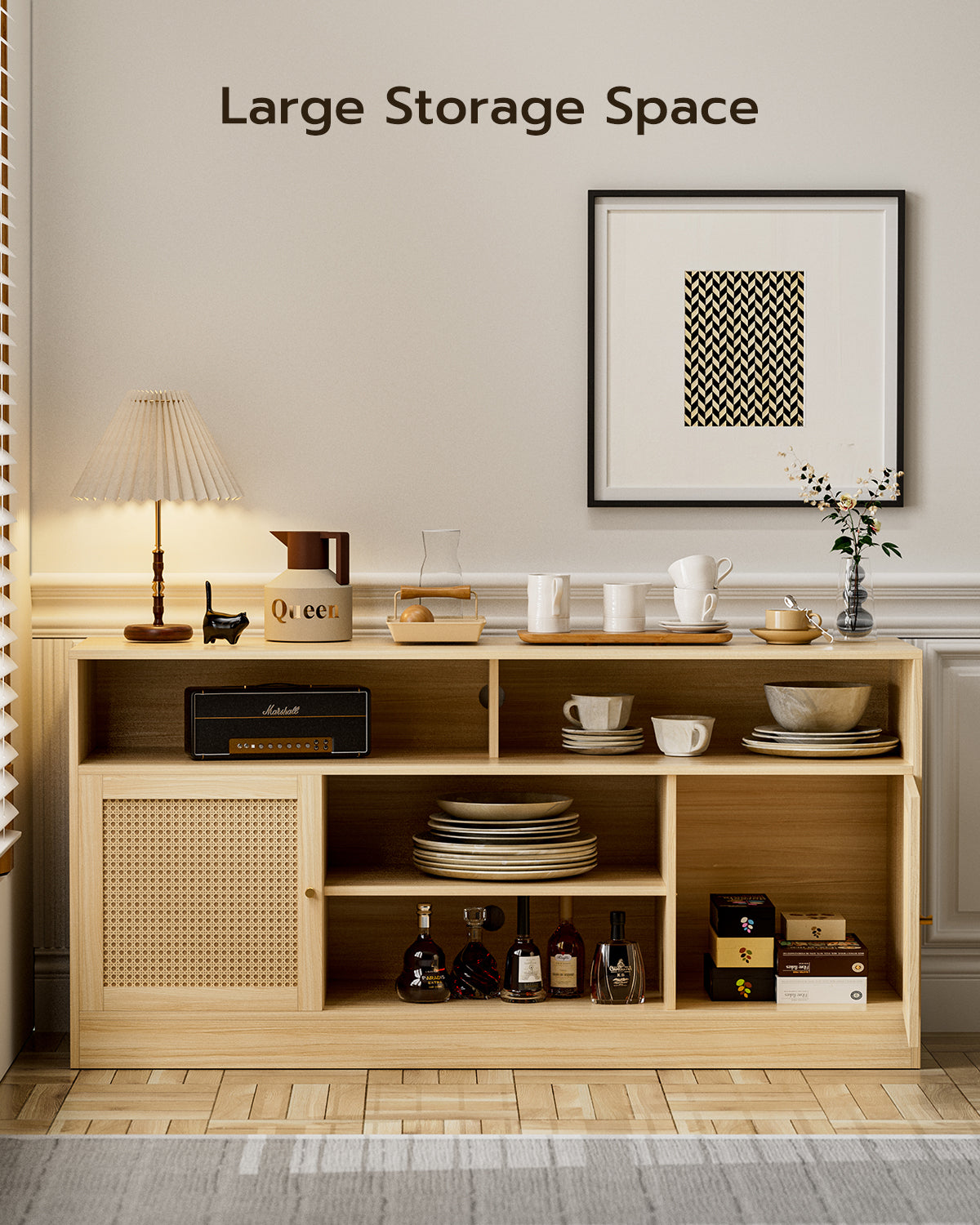 LED Rattan TV Stand for 65 Inch TV, Multifunctional Cabinet with 2 Natural Rattan Doors and LED Lights