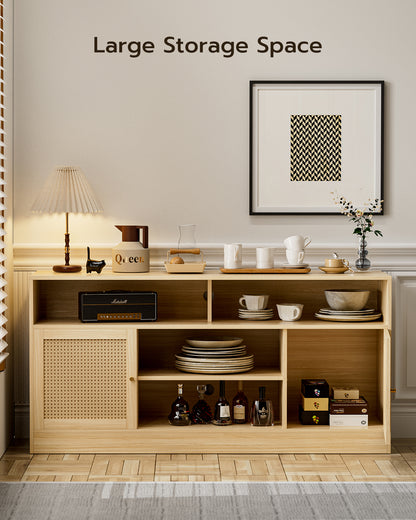 LED Rattan TV Stand for 65 Inch TV, Multifunctional Cabinet with 2 Natural Rattan Doors and LED Lights