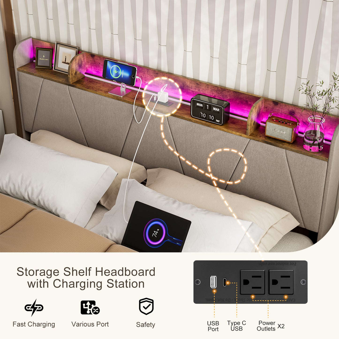 LED Bed Frame with Charging Station & Storage Shelf Upholstered Headboard,No Box Spring Needed