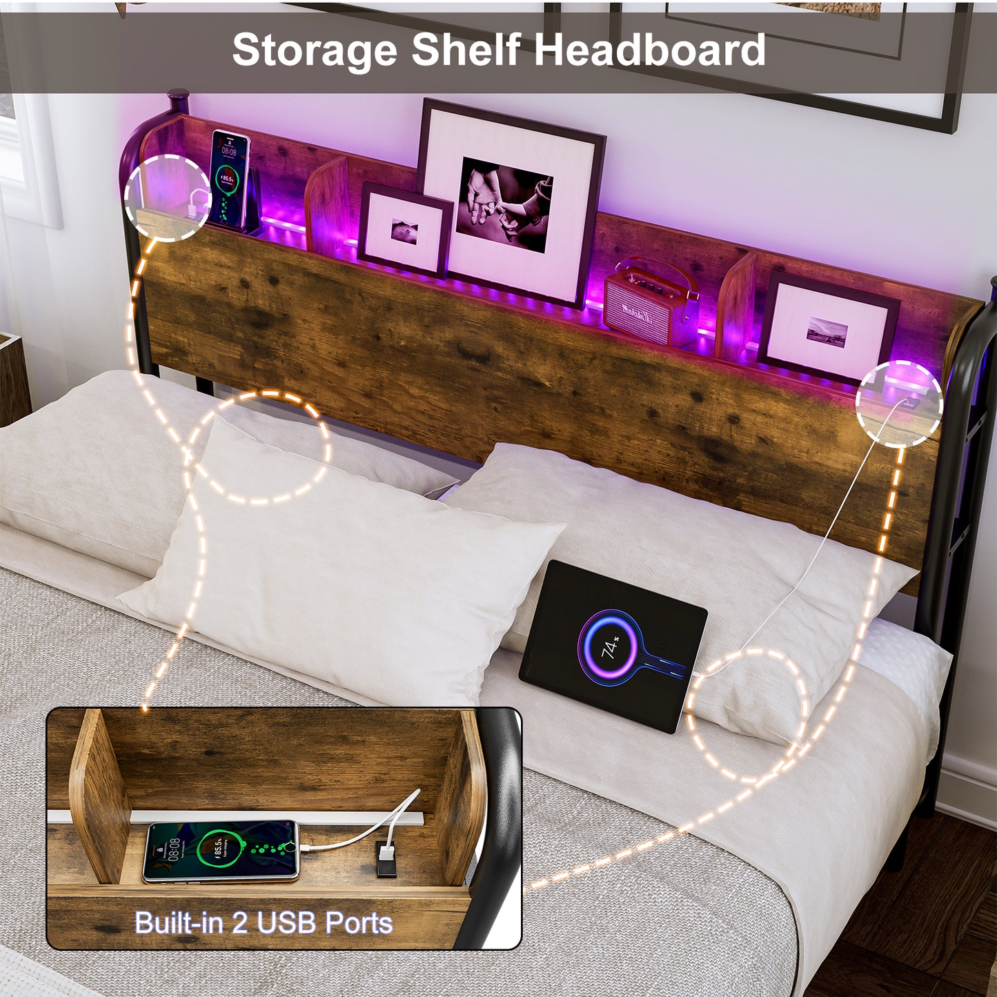 LED Bed Frame with Storage Shelf Headboard & Charging Station with Strong Steel Slats No Box Spring