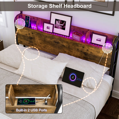 LED Bed Frame with Storage Shelf Headboard & Charging Station with Strong Steel Slats No Box Spring