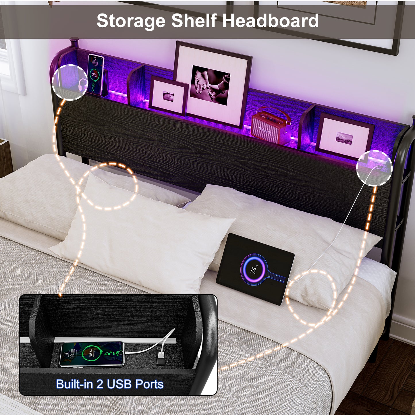 LED Bed Frame with Storage Shelf Headboard & Charging Station with Strong Steel Slats No Box Spring