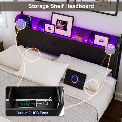 LED Bed Frame with Storage Shelf Headboard & Charging Station with Strong Steel Slats No Box Spring