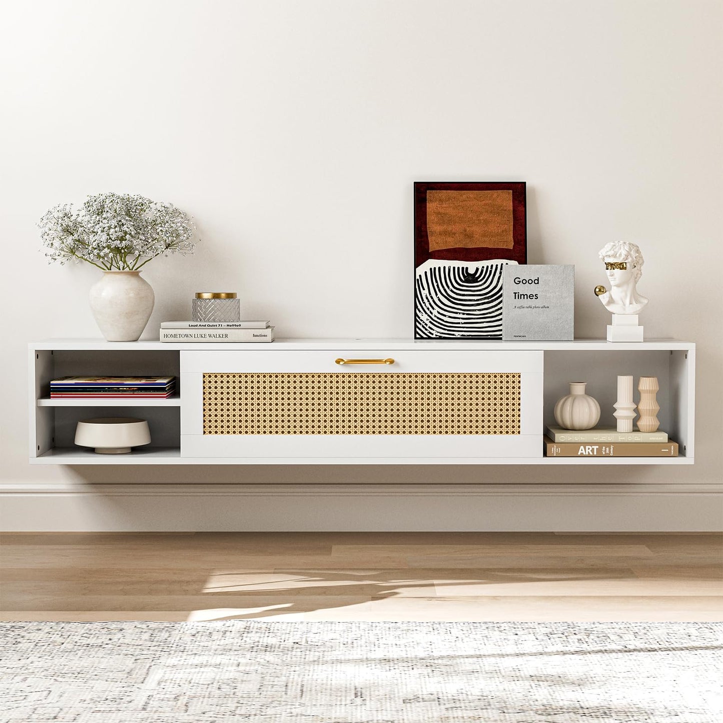 ARICOEASY Modern Wall-Mounted Media Console Floating TV Stand for 75 Inch TV with Rattan Door and Storage Space