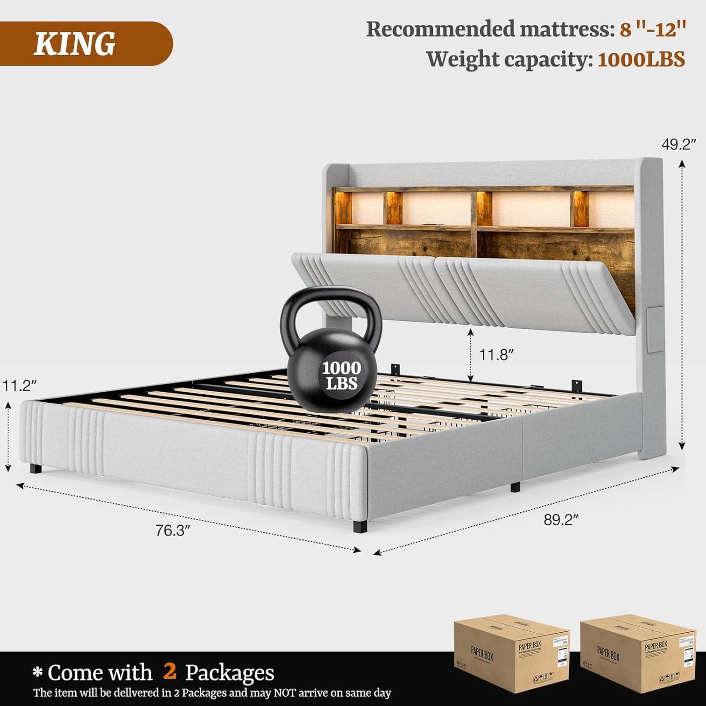 ARICOEASY King Bed Frame with Storage Headboard & 4 Drawers, Upholstered Wingback Platform Bed with LED Lights & Charging Station, 49” Tall Headboard, No Box Spring Needed, Noise-Free