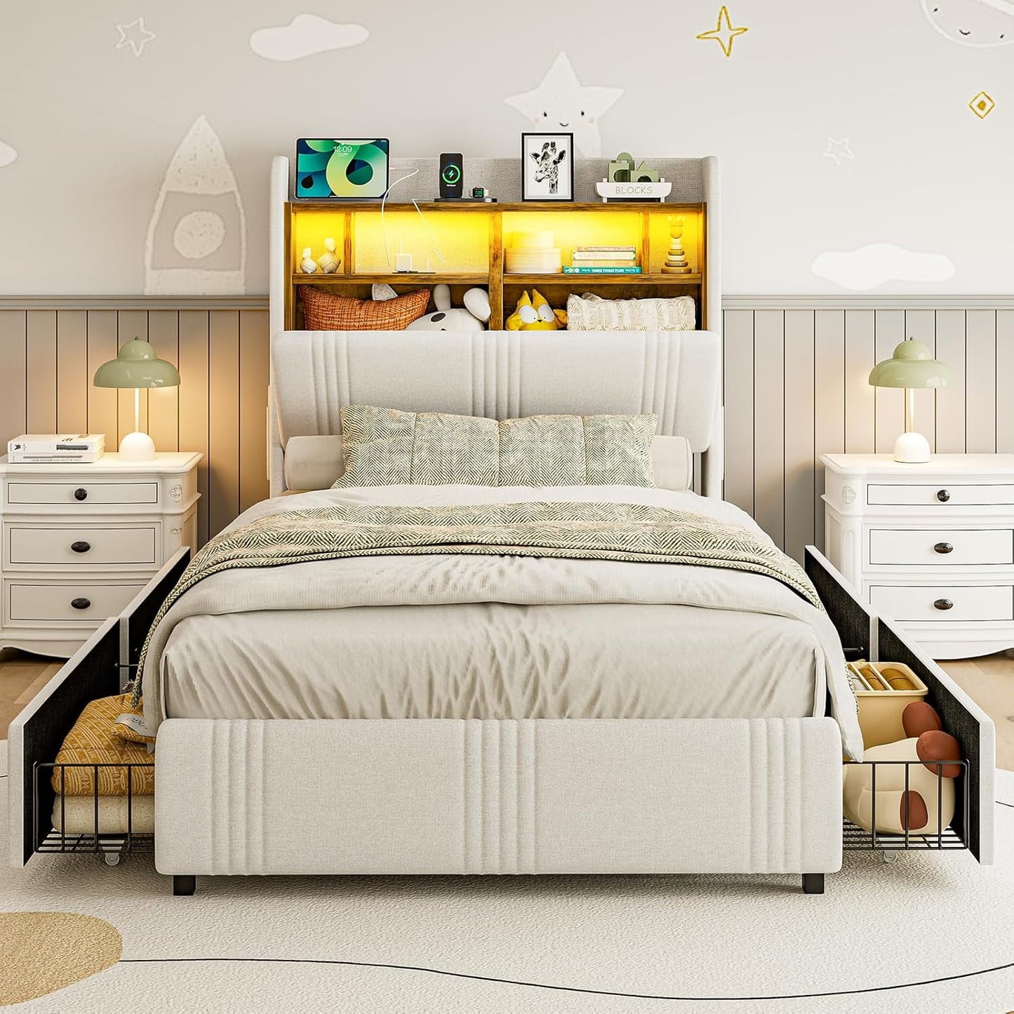 ARICOEASY Twin XL Upholstered Bed Frame with Storage Headboard & 4 Drawers, 49.2” Tall Wingback Platform Bed with RGB LED Lights & Charging Station, No Box Spring Needed, Noise-Free