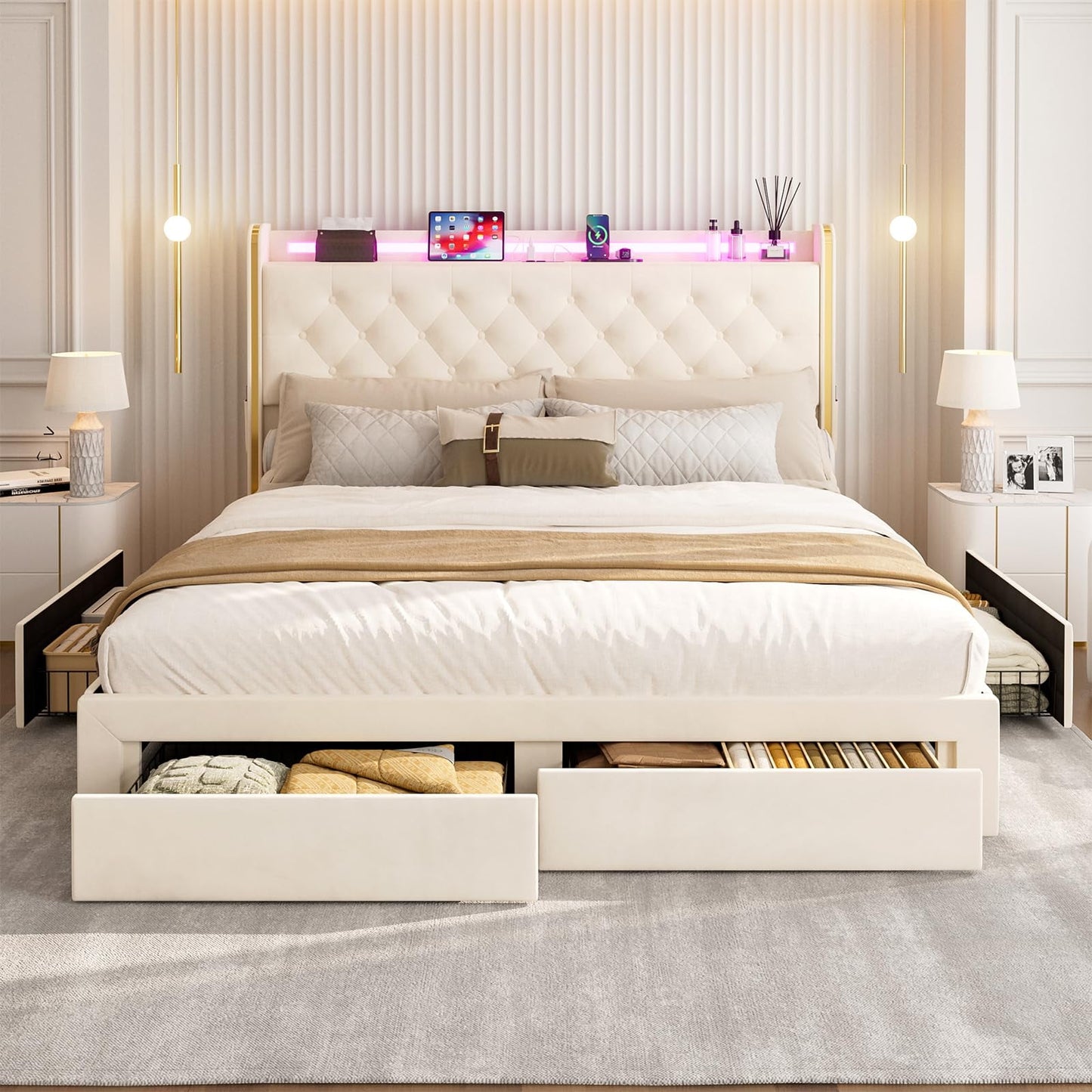 ARICOEASY Bed Frames with 3 Drawer Storage, Velvet Platform Bed with Button Tufted Headboard