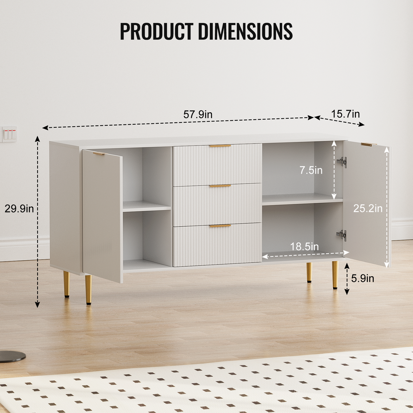 Sideboard with Drawers, Fluted Buffet Cabinet with Storage, Adjustable Shelves