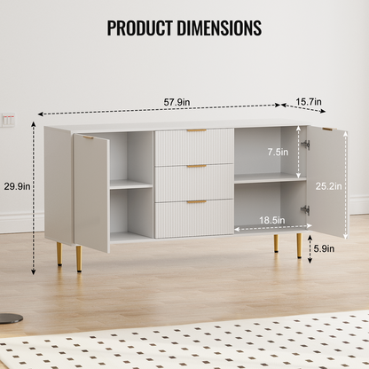 Sideboard with Drawers, Fluted Buffet Cabinet with Storage, Adjustable Shelves