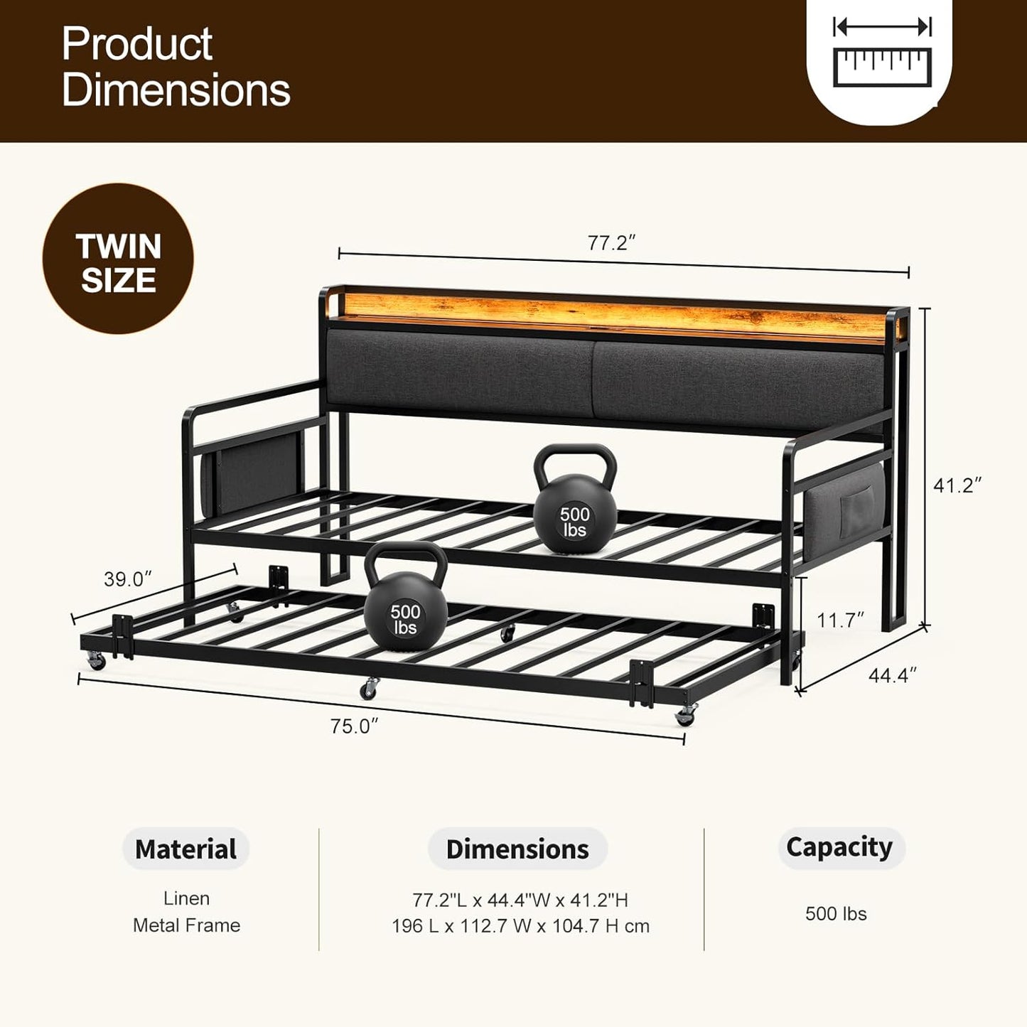 Daybed with Trundle and Storage Headboard, Upholstered Sofa Bed Frame with LED Lights & Charging Station