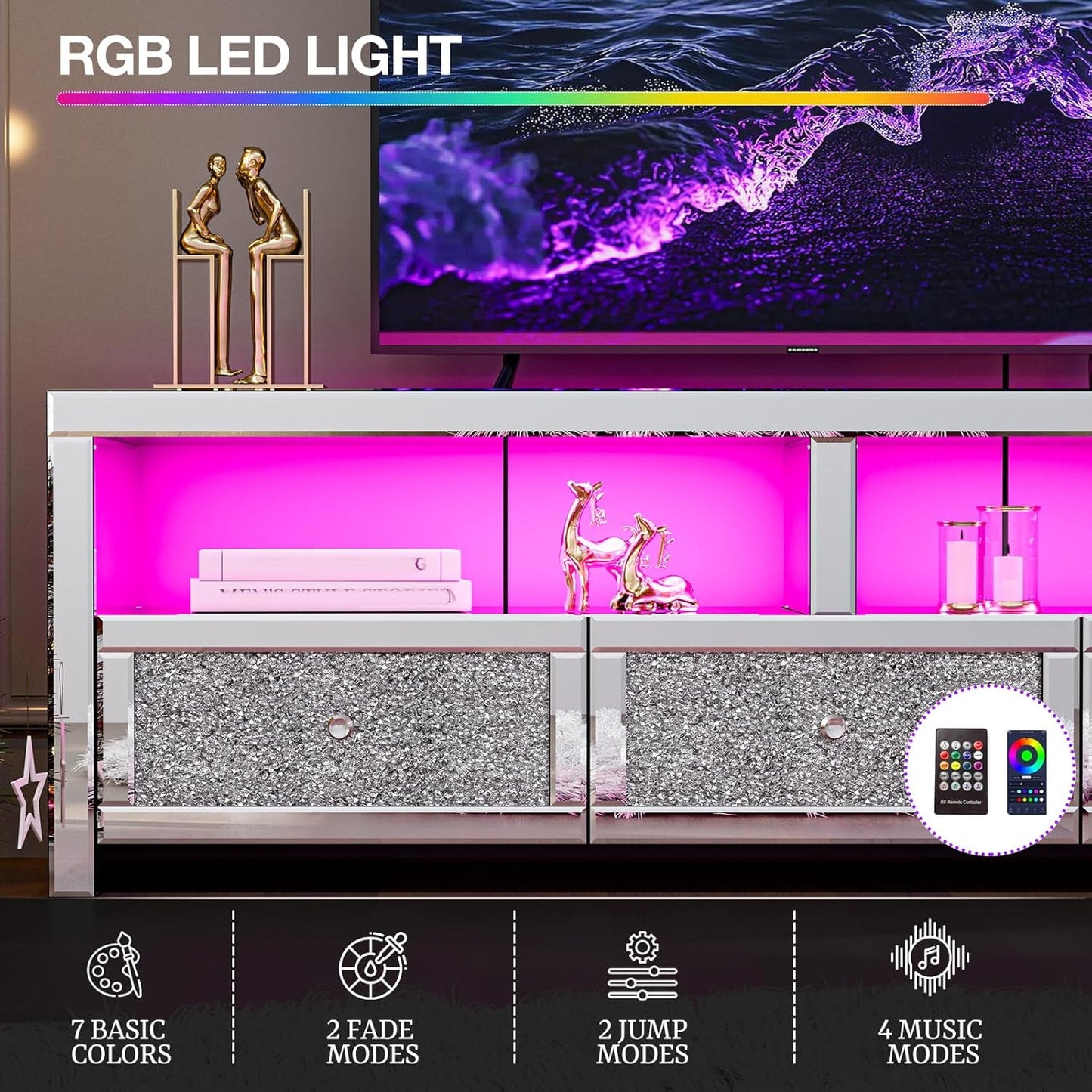 ARICOEASY Mirrored TV Stand for 65+ Inch TV, Silver Entertainment Center with Crushed Diamond Finish, LED Lights, 3 Drawers & 2 Open Shelves