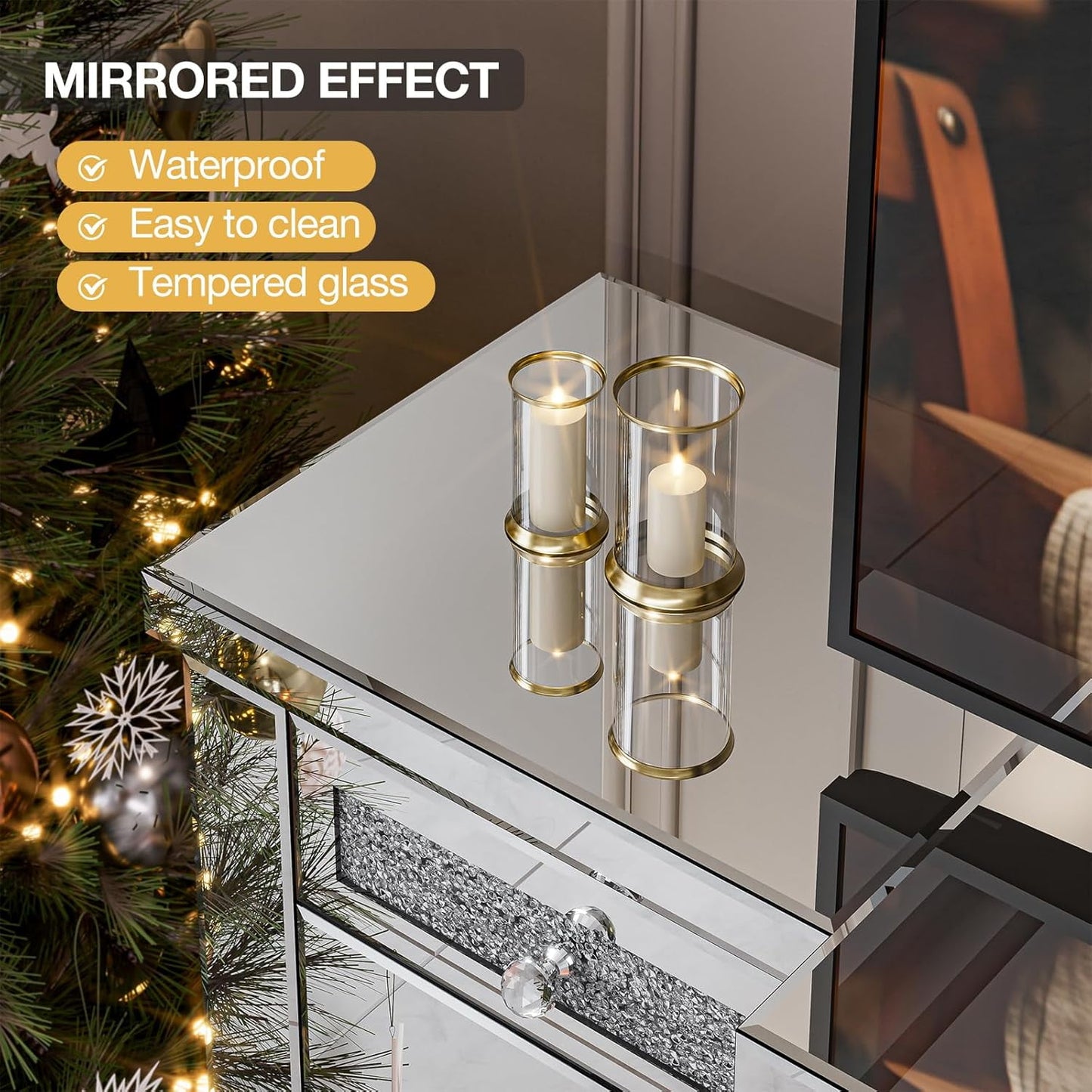ARICOEASY Mirrored Fireplace TV Stand for TVs up to 65", Silver Crushed Diamond TV Console with Electric Fireplace and Storage Drawers & Cabinets
