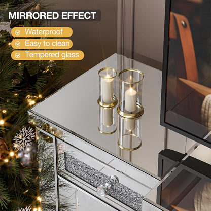 ARICOEASY Mirrored Fireplace TV Stand for TVs up to 65", Silver Crushed Diamond TV Console with Electric Fireplace and Storage Drawers & Cabinets