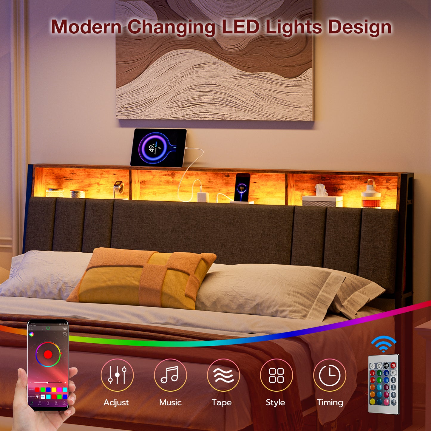 Headboard with Charging Station, LED Lights and Hidden Storage