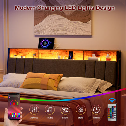 Headboard with Charging Station, LED Lights and Hidden Storage