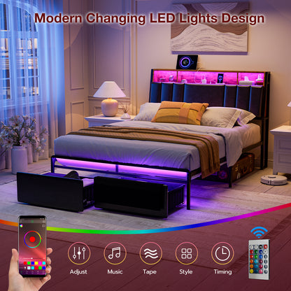 LED Bed Frames with Storage Drawers, Storage Upholstered headboard with Charging Station