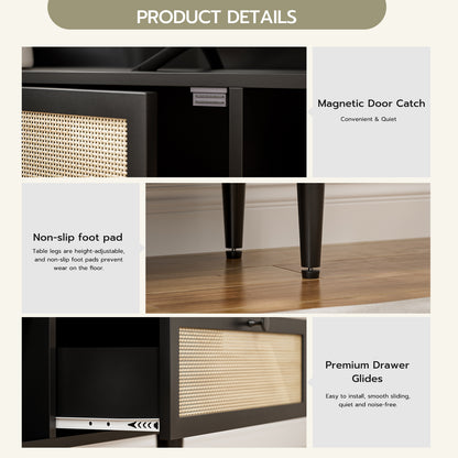 Rattan TV Stand 75 Inch TV with 2 Natural Rattan Drawers