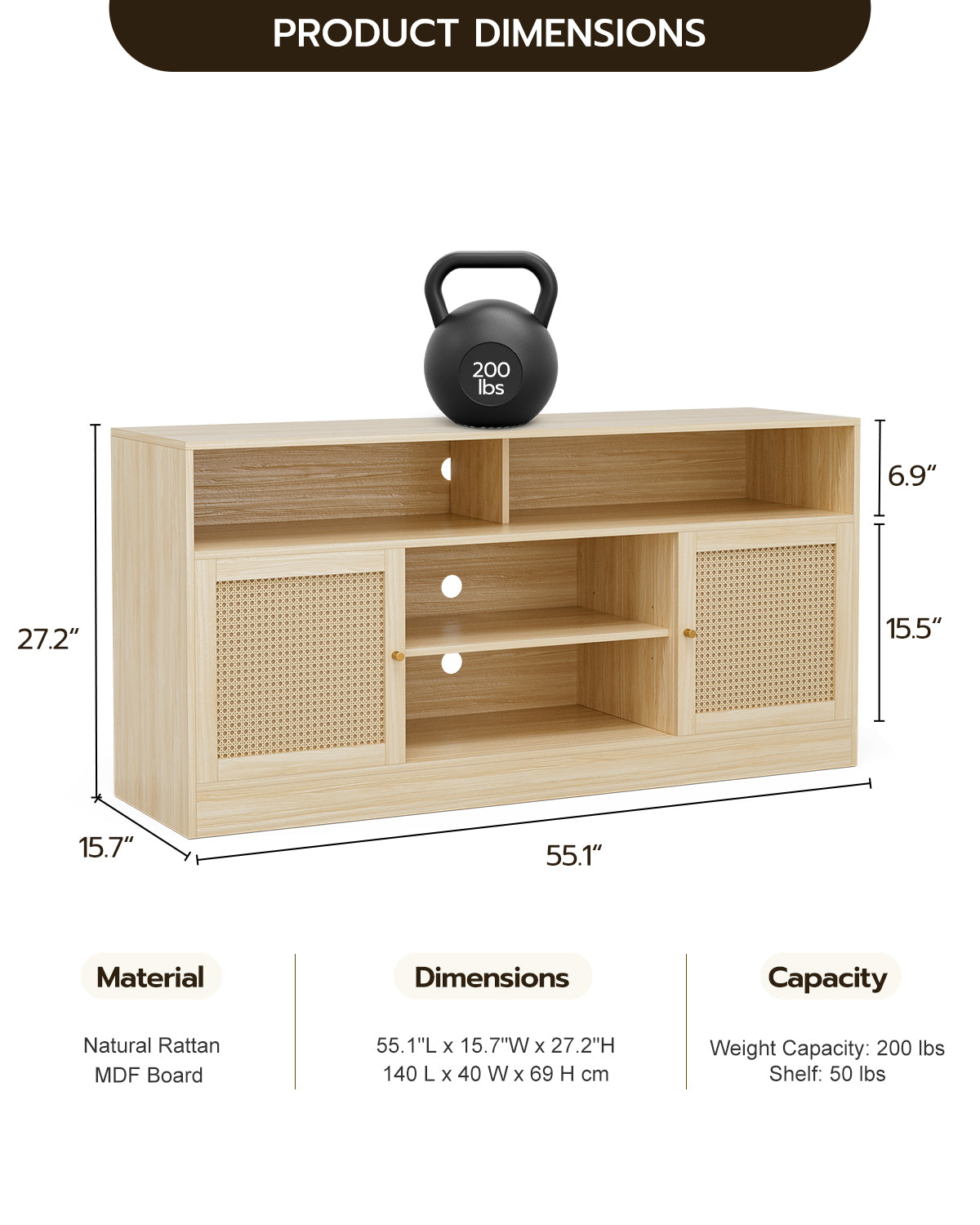 LED Rattan TV Stand for 65 Inch TV, Multifunctional Cabinet with 2 Natural Rattan Doors and LED Lights