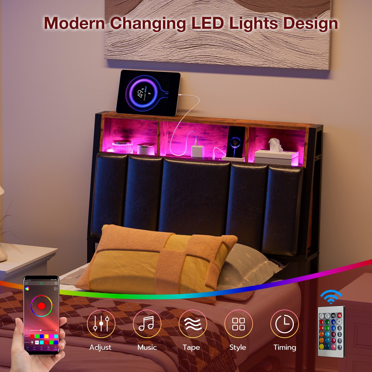 Headboard with Charging Station, LED Lights and Hidden Storage