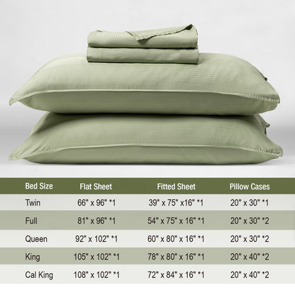 Bed Sheet Set-4 Piece 16” Deep Pocket, Striped Jacquard Ultra Soft Breathable Silky Bedding Sheets & Pillowcases-Green