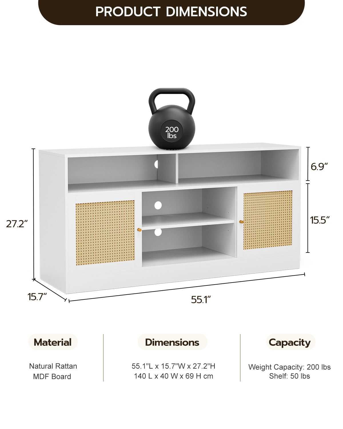 LED Rattan TV Stand for 65 Inch TV, Multifunctional Cabinet with 2 Natural Rattan Doors and LED Lights