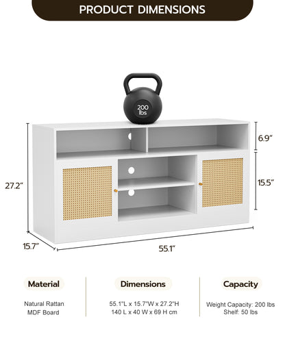 LED Rattan TV Stand for 65 Inch TV, Multifunctional Cabinet with 2 Natural Rattan Doors and LED Lights