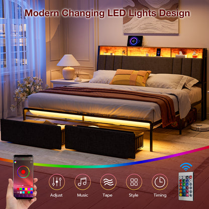 LED Bed Frames with Storage Drawers, Storage Upholstered headboard with Charging Station