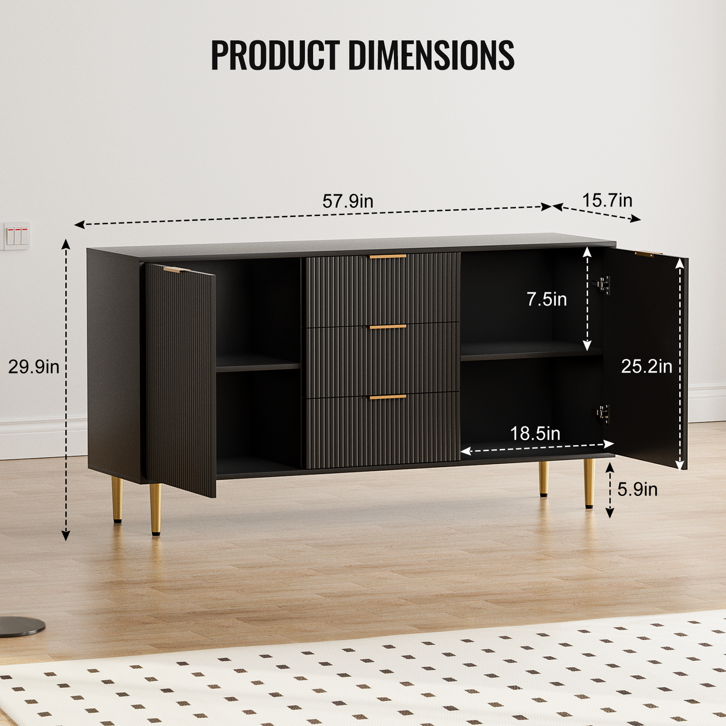 Sideboard with Drawers, Fluted Buffet Cabinet with Storage, Adjustable Shelves