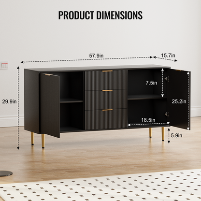 Sideboard with Drawers, Fluted Buffet Cabinet with Storage, Adjustable Shelves