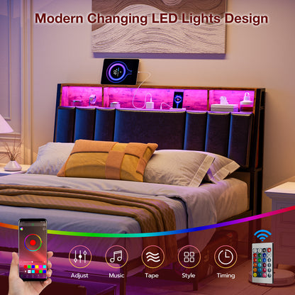 Headboard with Charging Station, LED Lights and Hidden Storage