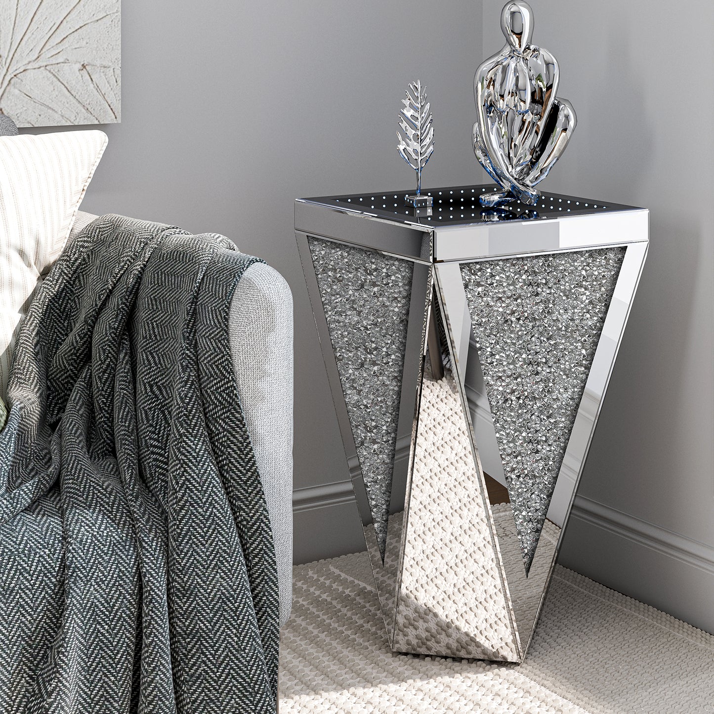 Mirrored Side Table with Infinity Lights, Modern End Table with Crushed Diamond, Silver Nightstand