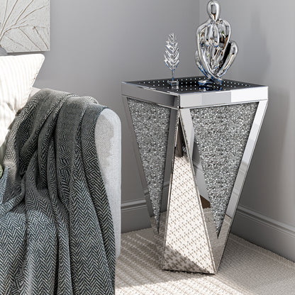 Mirrored Side Table with Infinity Lights, Modern End Table with Crushed Diamond, Silver Nightstand
