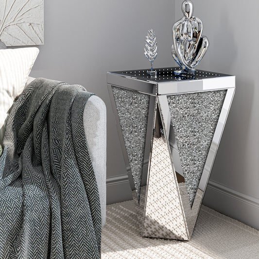 Mirrored Side Table with Infinity Lights, Modern End Table with Crushed Diamond, Silver Nightstand