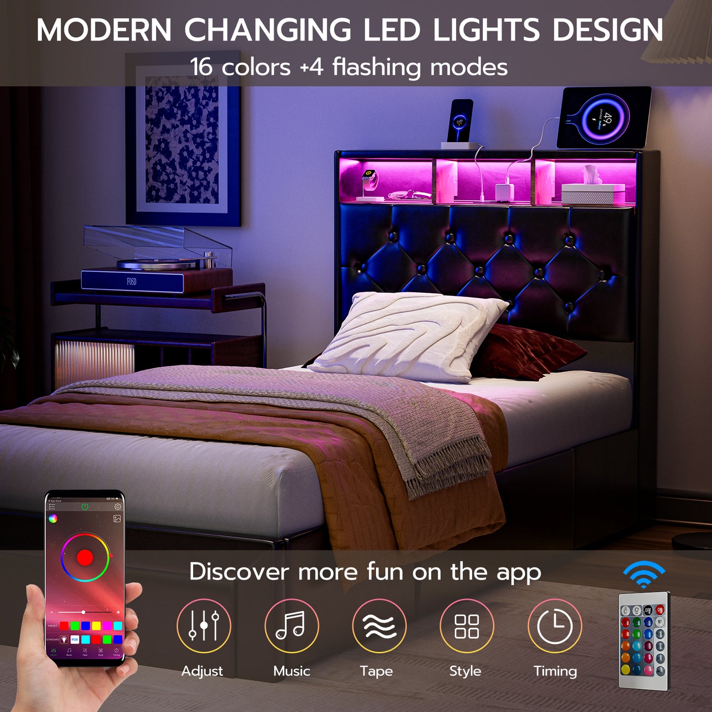 Twin XL Bed Frames with Hidden Storage Headboard & 3 Drawers & LED Lights & Charging Station