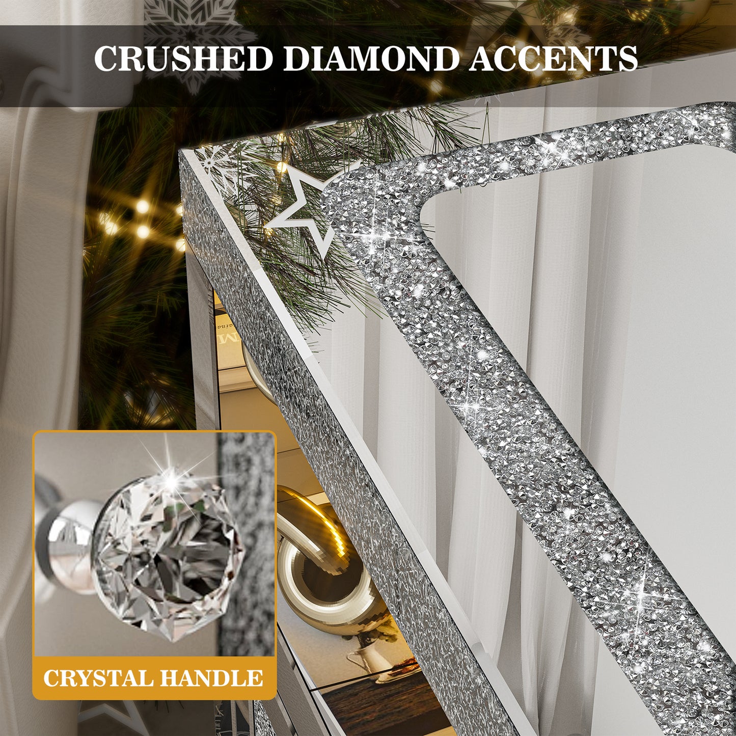 Mirrored Fireplace TV Stand for 65+ inch, Silver Console Table with Crushed Diamond and LED