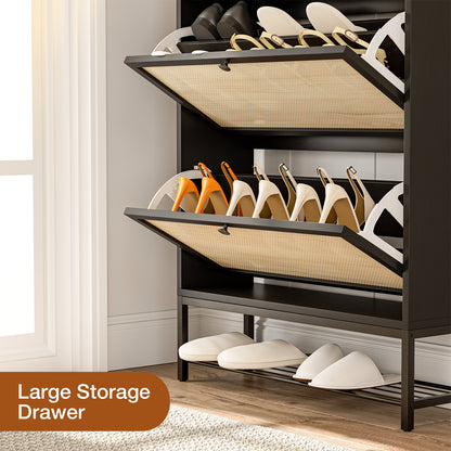 Rattan Shoe Cabinet with LED Light, 2 Flip Drawers & Open Shelves