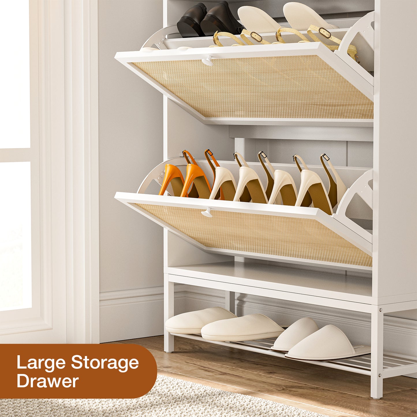 Rattan Shoe Cabinet with LED Light, 2 Flip Drawers & Open Shelves