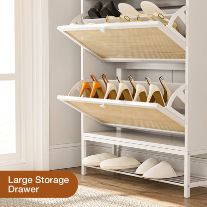 Rattan Shoe Cabinet with LED Light, 2 Flip Drawers & Open Shelves